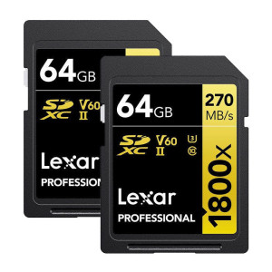 Scheda di memoria Lexar 64GB SDXC Pro UHS-II U3 ​​V60 1800x 270MB/s Confezione da 2
