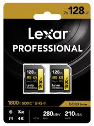Lexar 128GB SDXC Pro UHS-II U3 ​​V60 1800x 280MB/s Confezione da 2